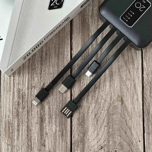 Повербанк на 20000 mAh Power Way TX23, 4 вбудовані кабелі, портативний