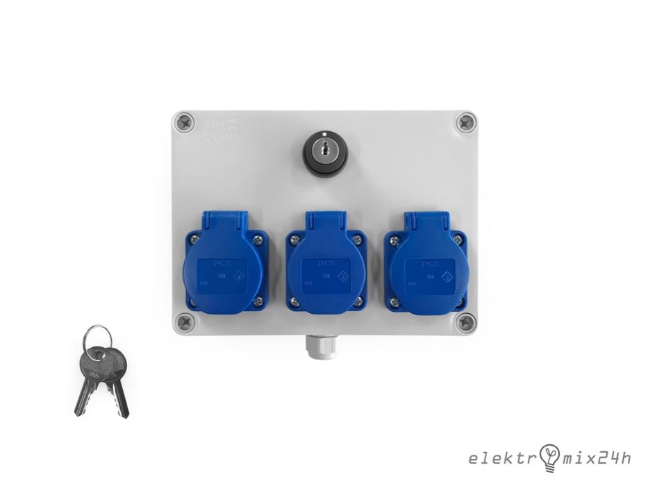 Rozdzielnica elektryczna z wyłącznikiem na klucz, gniazda 3x16A 230V