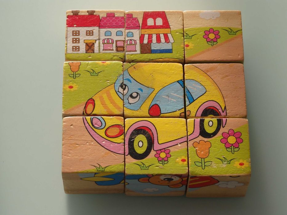 Drewniana układanka kostki a'la puzzle pojazdy 6 obrazków 9 kostek