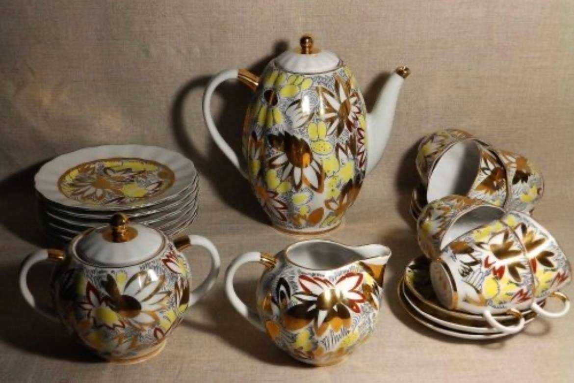 "ЗОЛОТЫЕ РОМАШКИ" ЛФЗ Чайный кофейный сервиз на 6 персон фарфор СССР