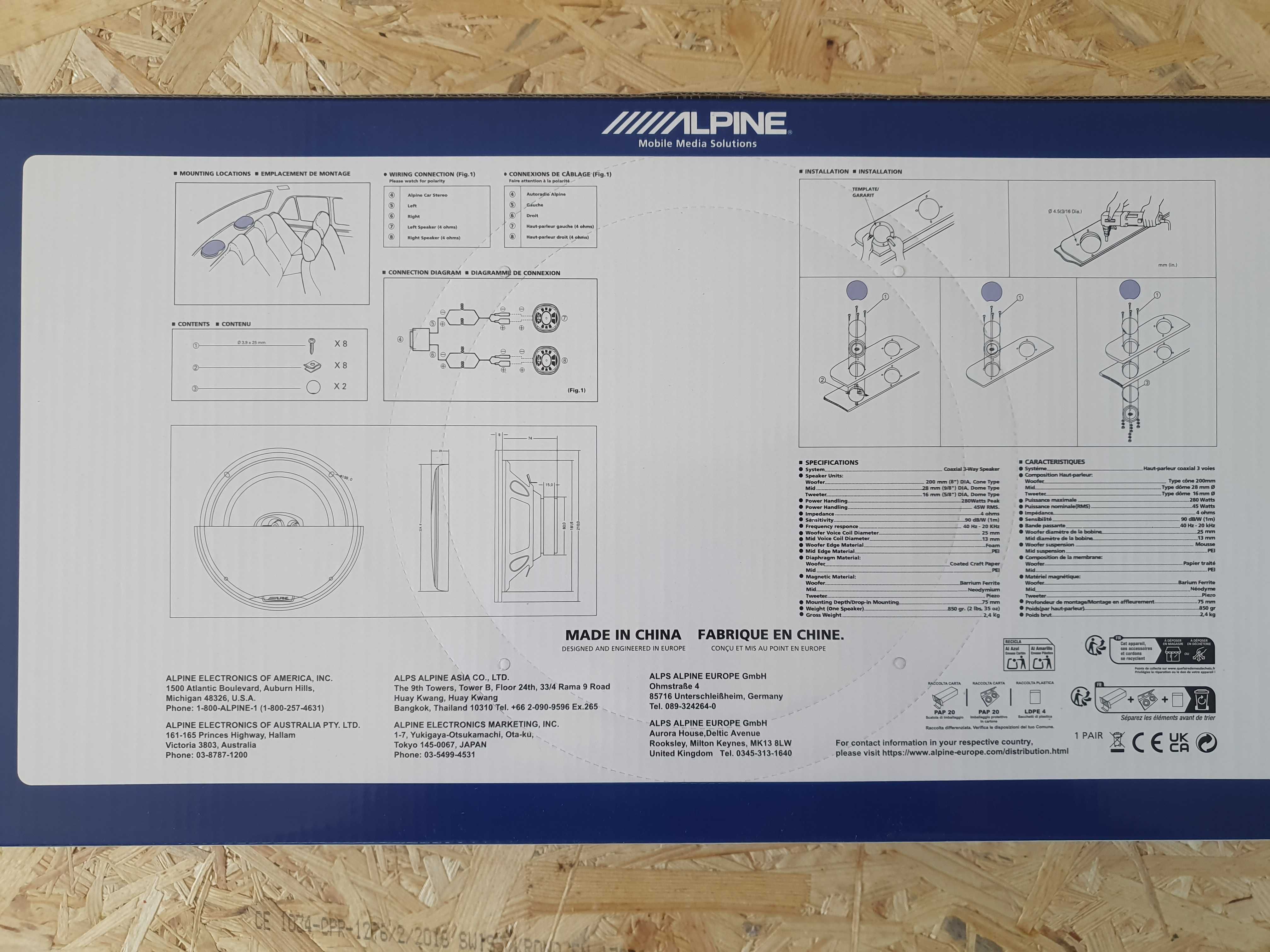 Głośniki Alpine 8 cali 20cm Nowe Trójdrożne kpl 2 sztuki