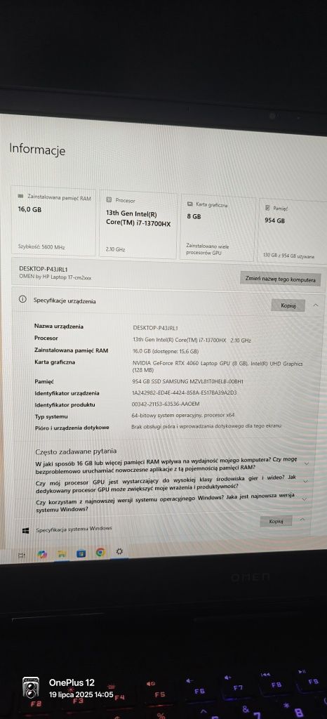Nowy HP Omen 17-cm2009nw  Core i7-13700HX,RTX 4060 8 GB, 17,3''-FHD