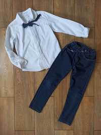 Zestaw eleganck 116/122; biała koszula+ spodnie jeansy ciemne + muszka