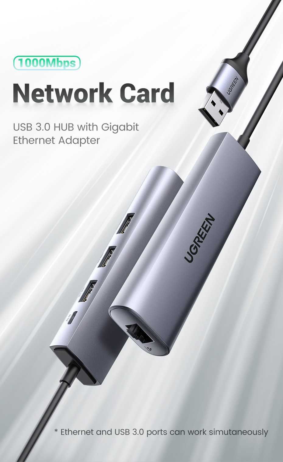 UGREEN USB Ethernet-адаптер 1000 Мбит/с USB3.0 HUB RJ45 Xiaomi Mi Box