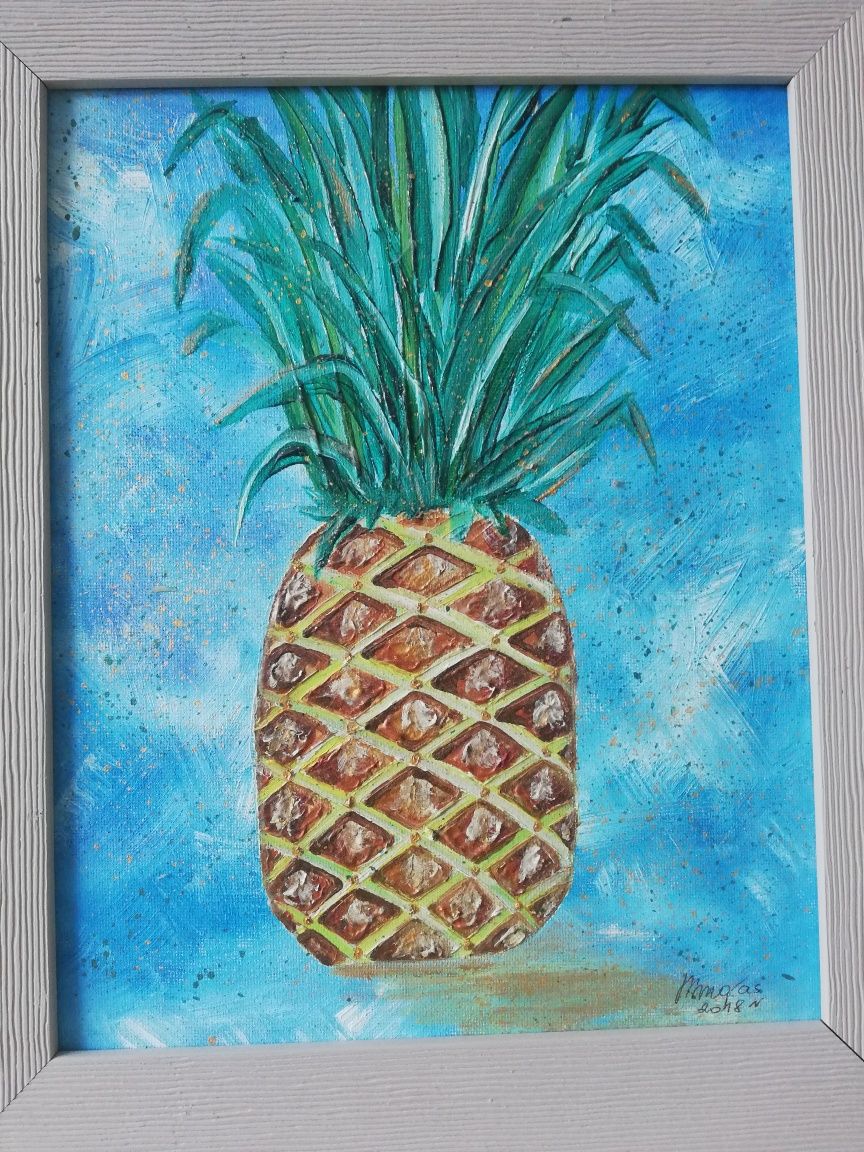 3 x ręcznie malowane obrazki.Zestaw. Ananas.