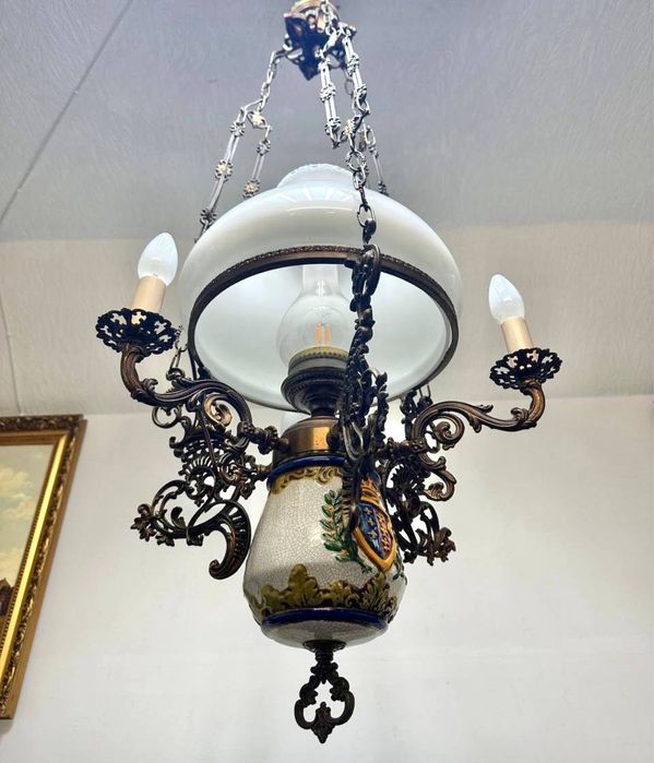 Антикварна голандська люстра бронза порцеляна 7458