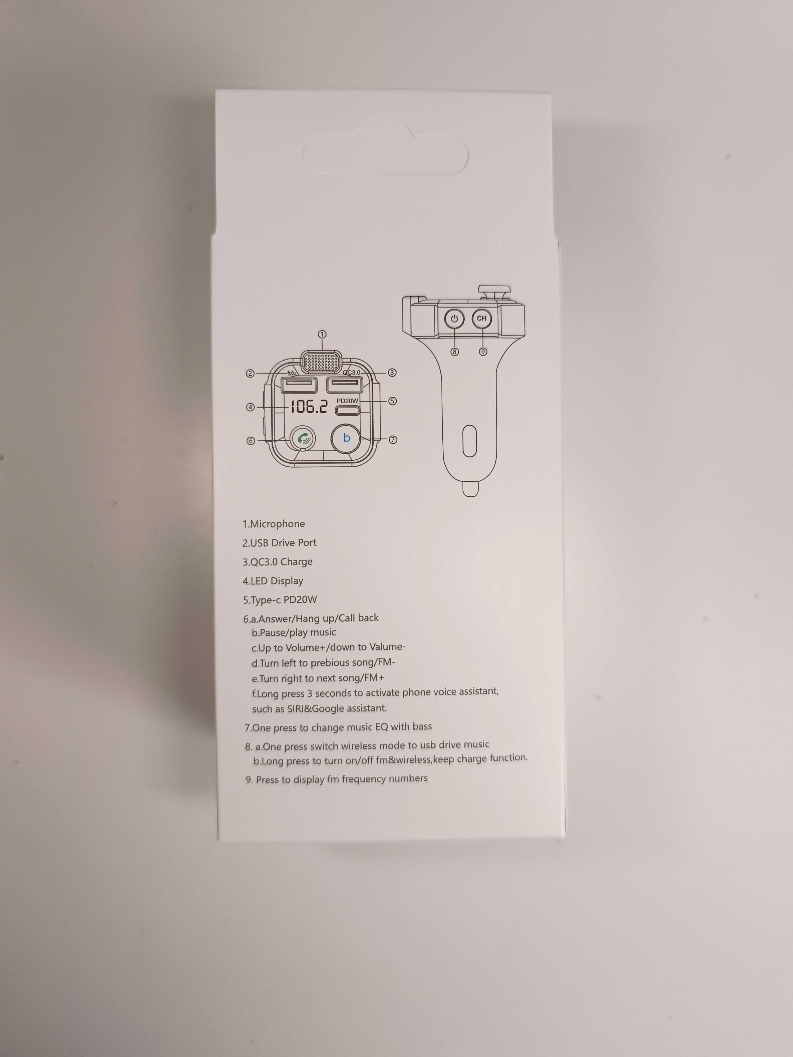 Transmiter FM z Szybką Ładowarką Bluetooth, Audio MP3, 3x USB, RGB
