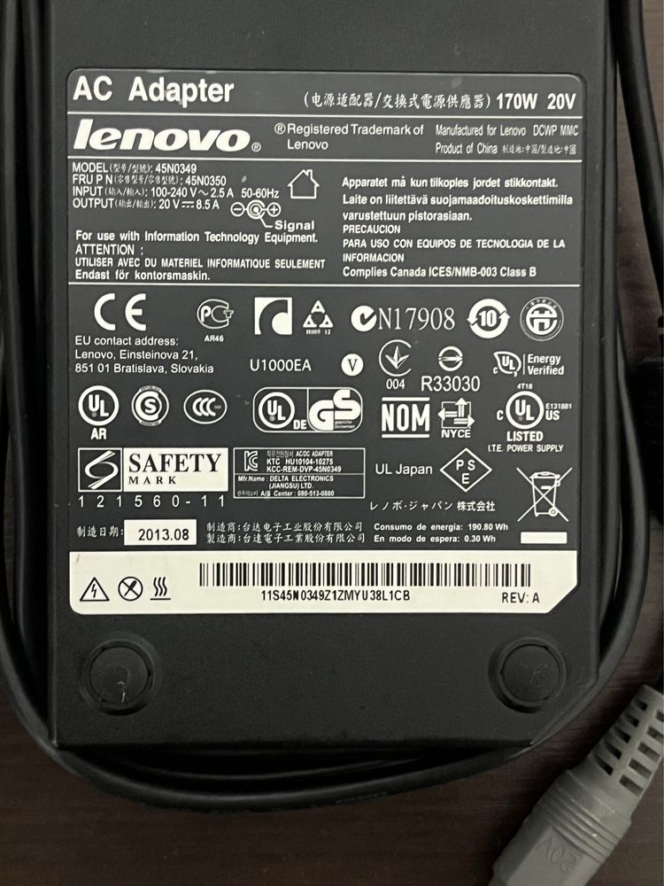 Zasilacz ładowarka Lenovo ThinkPad W530 W520 170W 45N0350 20V