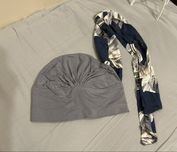 Czapka turban szara z szarfą granatową we wzory