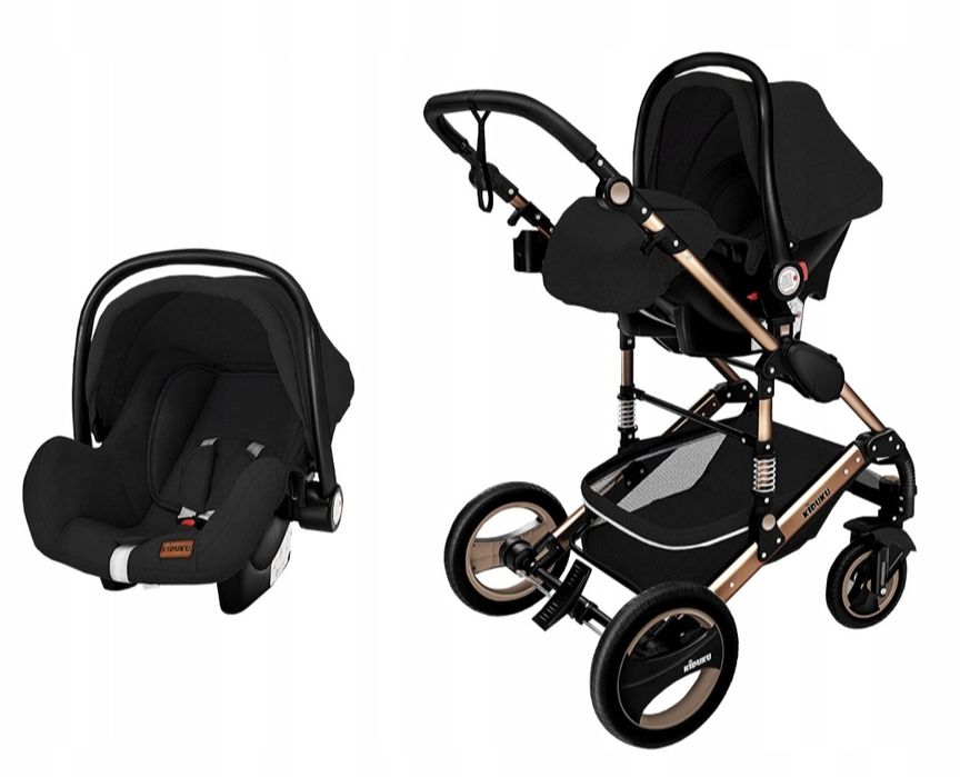 Kiduku wózek dziecięcy 3 w 1 w kolorze czarnym