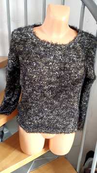 Sweter z okrągłym dekoltem włochaty połyskujące drobinki elegancki