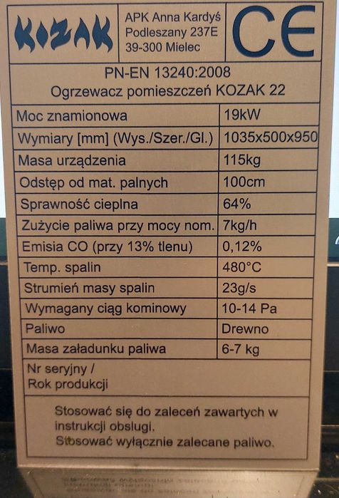 KOZAK 22, ATESTOWANY Piec nadmuchowy, kotłówka 6 i 10mm, CE, Ecodesign