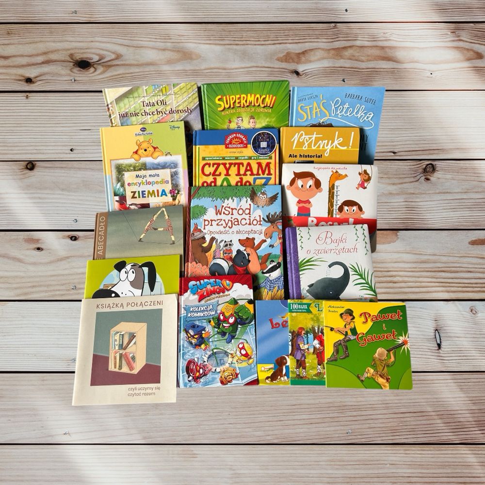 Duży zestaw książek dla dzieci bajki, Super Zings, encyklopedie i inne