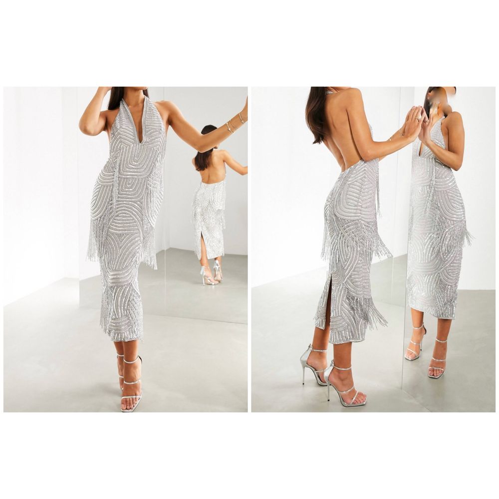 Srebrna cekinowa sukienka midi midaxi frędzle 46 3 xl 44 xxl asos luxe