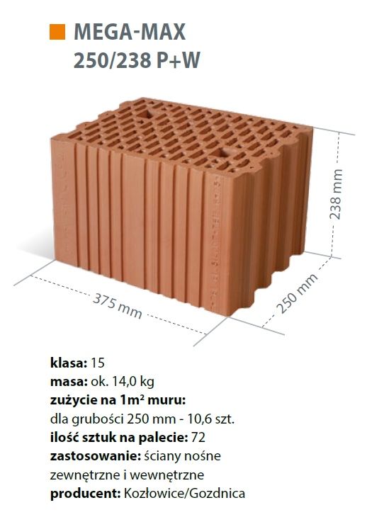 Pustak ceramiczny Cerpol Kozlowice Mega-Max 25gr porotherm 10,6/m2