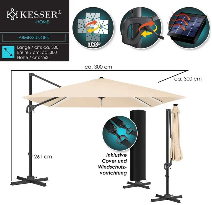 Parasol ogrodowy z oświetleniem LED 300x300x235cm UV obrotowy beżowy