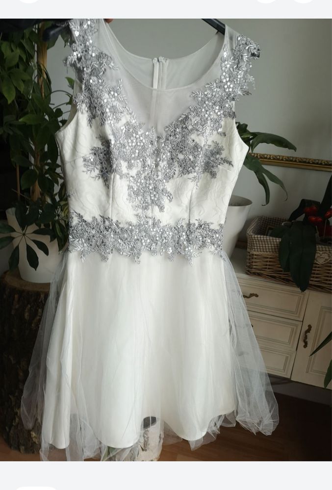 Srebrna sukienka mini tiulowa haft haftowana xs 34 why not  cekinowa