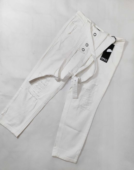 Spodnie jeans ogrodniczki kombinezon białe ecru ONLY S SP0148