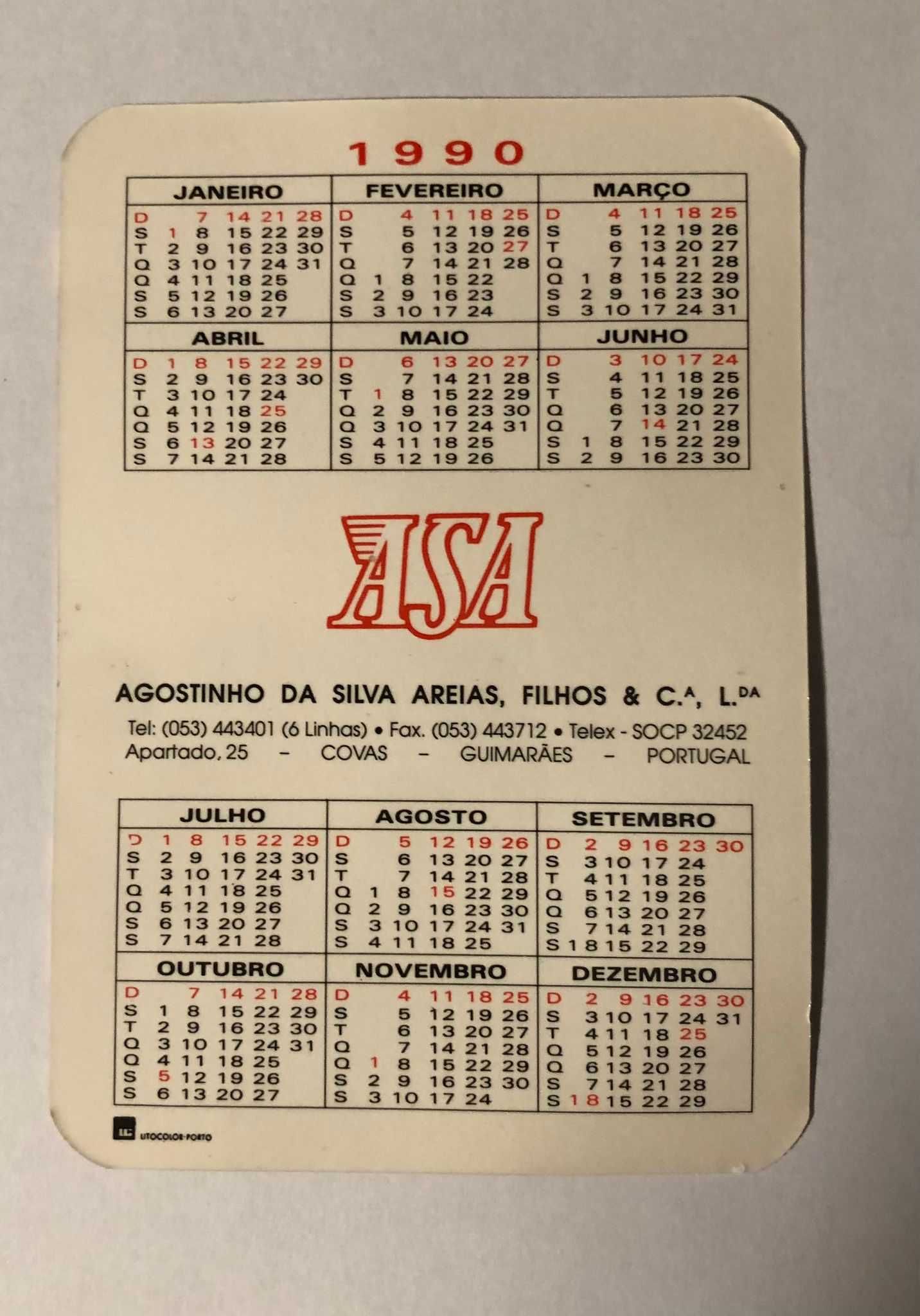 Calendário de Bolso Aliança ASA, Covas, Guimarães 1990