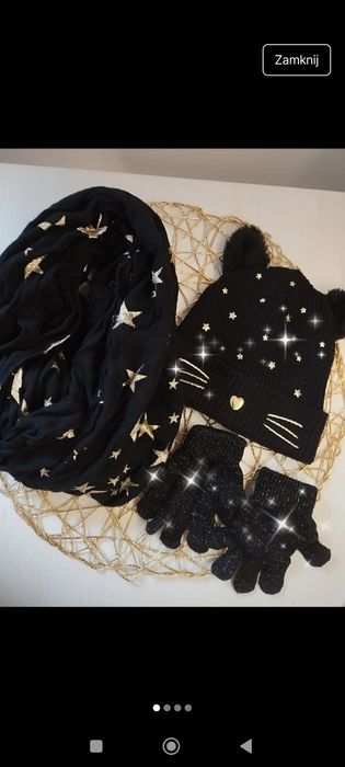 Czapka czarna miękka kot chusta komin hm rękawiczki r ,2/3 lata 92