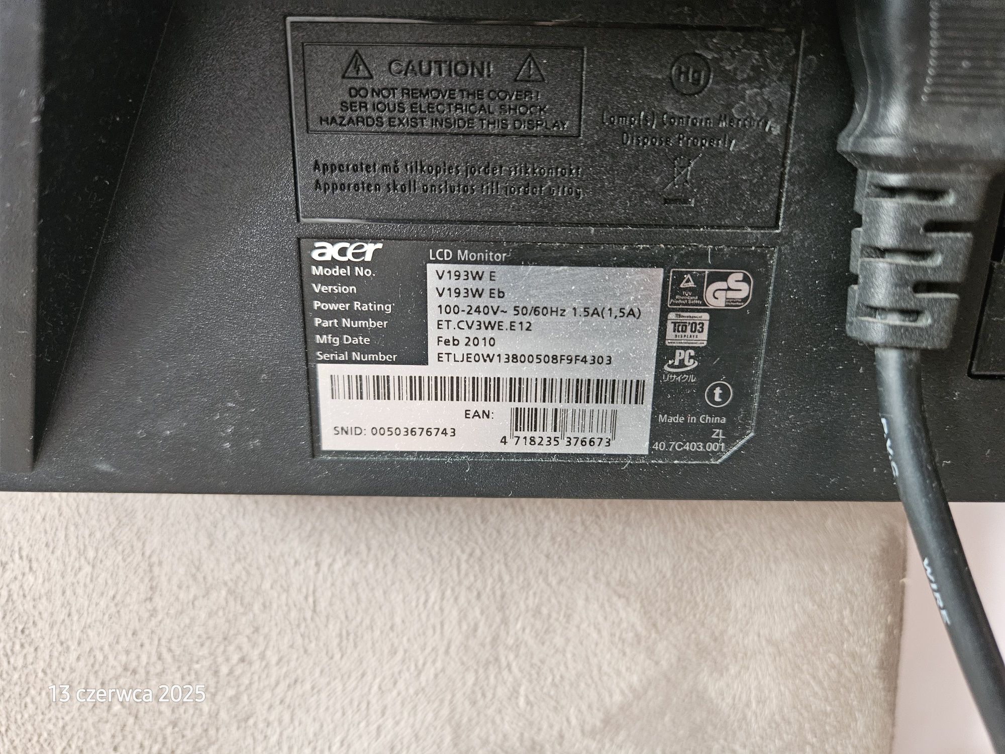 Monitor  19 acer V193WEb