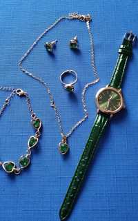 Sztuczna biżuteria 5 elementów w kolorze złotym z zielonymi kamieniami