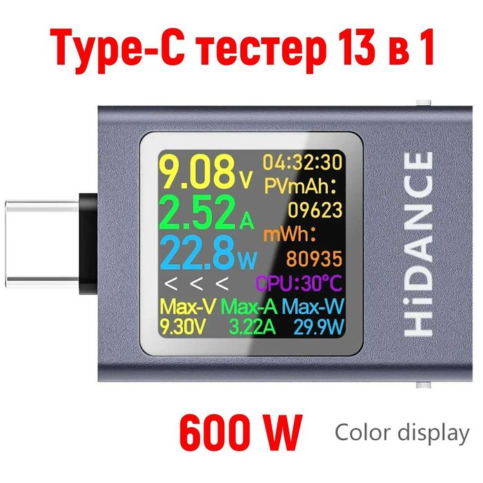 Мощный 600Вт HIDANCE 13‑в‑1 USB Type-C юсб тестер - профи измерение