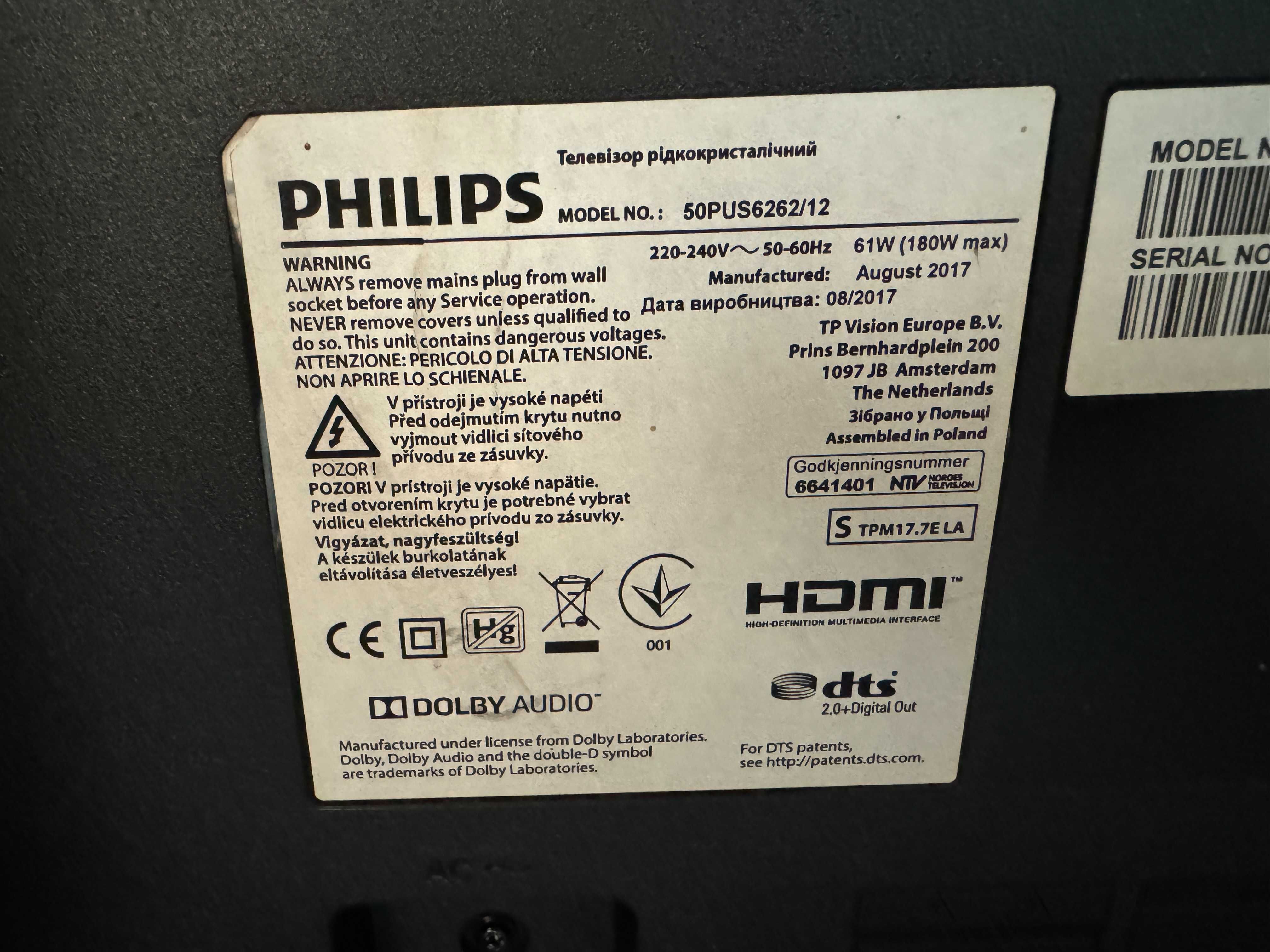 Telewizor Smart Philips 50PUS6262 Led 4K HDR AmbiLight DVBT2 50 Cali