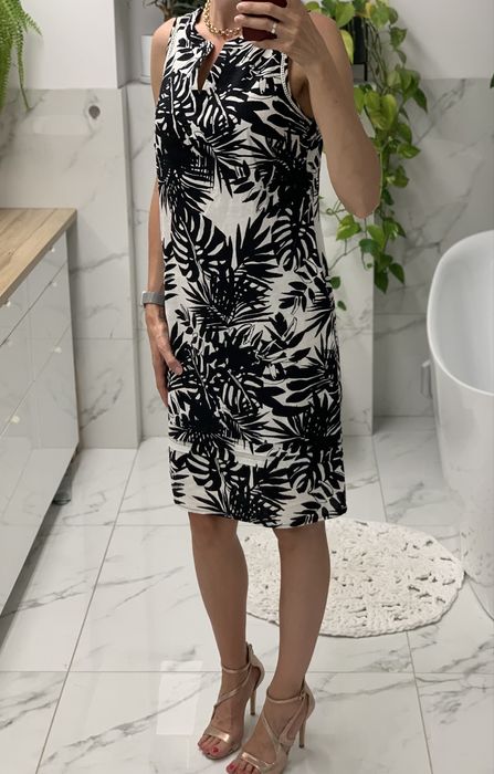 Sukienka czarno biała wzor lisci tropikalny na lato len wiskoza 36 38
