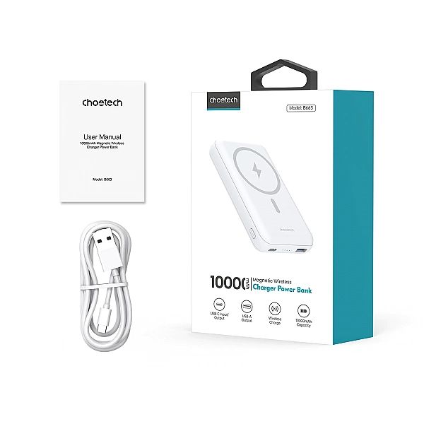 Powerbank Choetech B663, 10000mAh 20W MagSafe USB-A / USB-C - biały