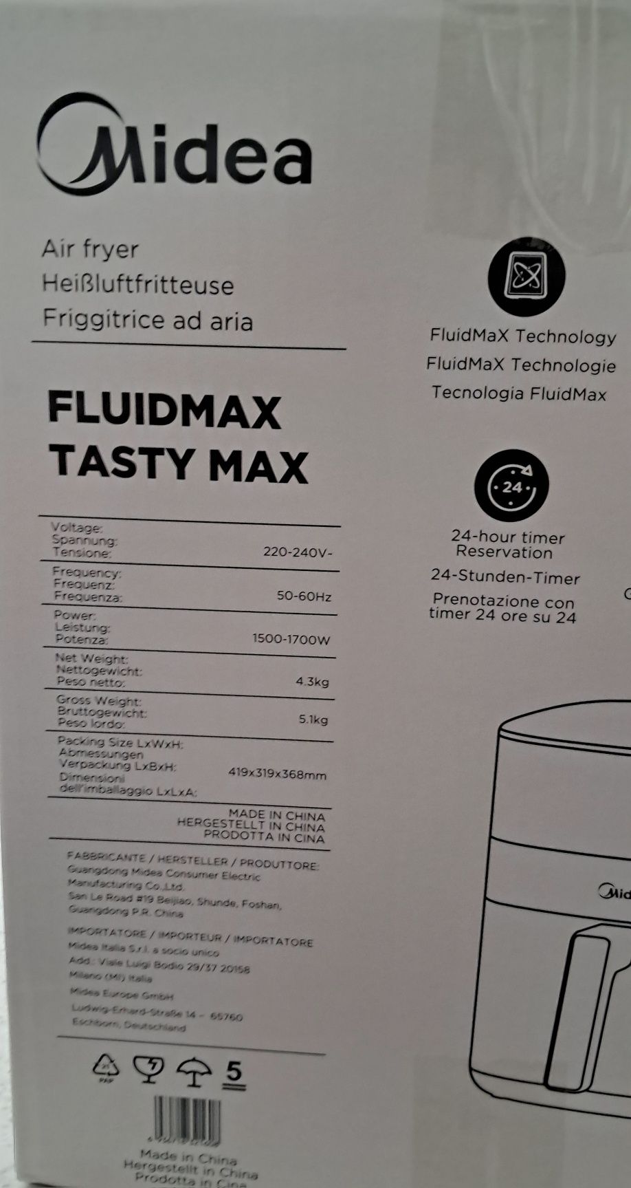 Frytkownica powietrzna Midea | MF-CN65E | Moc 1700 W | Pojemność 6,5 L