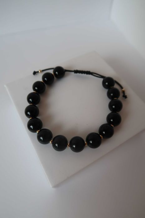 Czarna Sznurkowa Bransoletka ze Złotymi Kulkami | Próba Złota 585