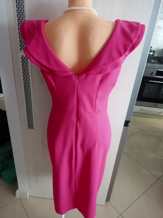 Elegancka sukienka fuksja falbana wesele bal impreza 40 L