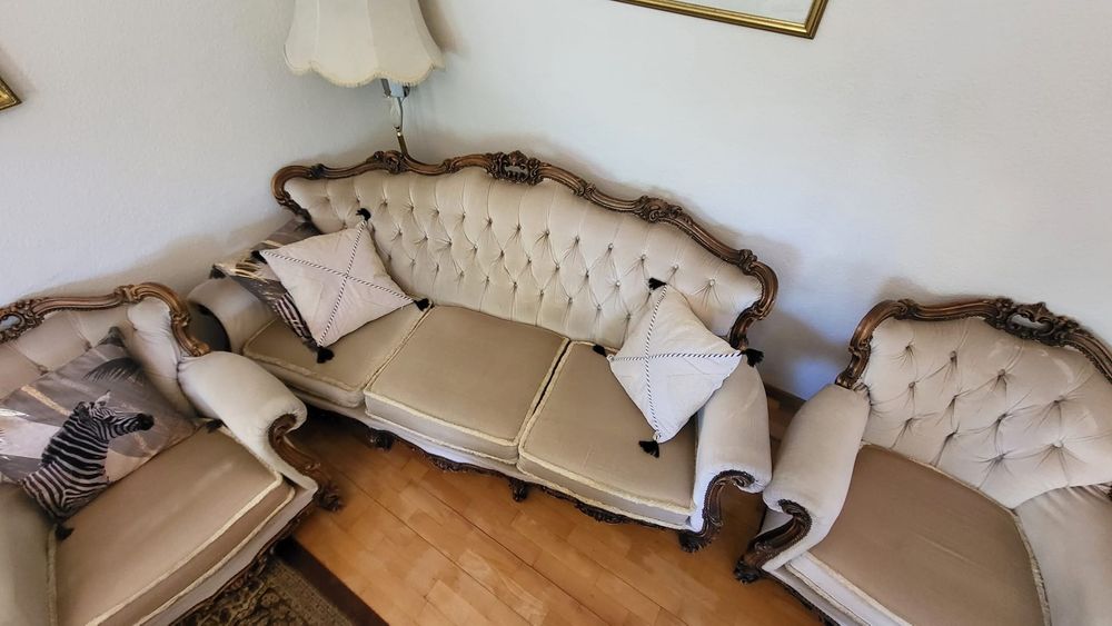 Sofa i fotele barok ludwik klasyczny wypoczynek kremowy drewno antyk