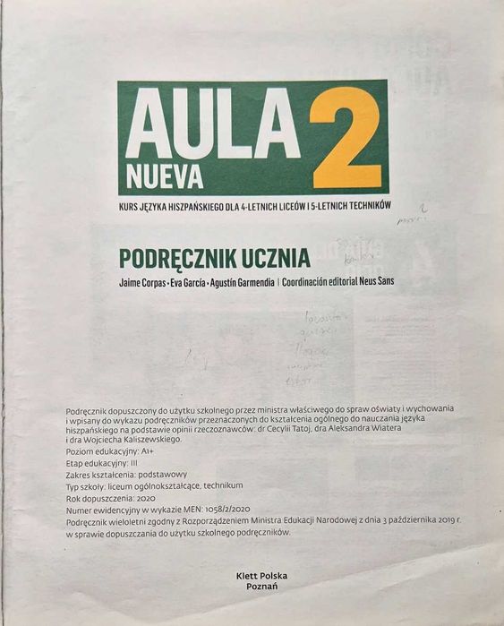 Podręcznik AULA NUEVA 2, j. hiszpański, stan bdb