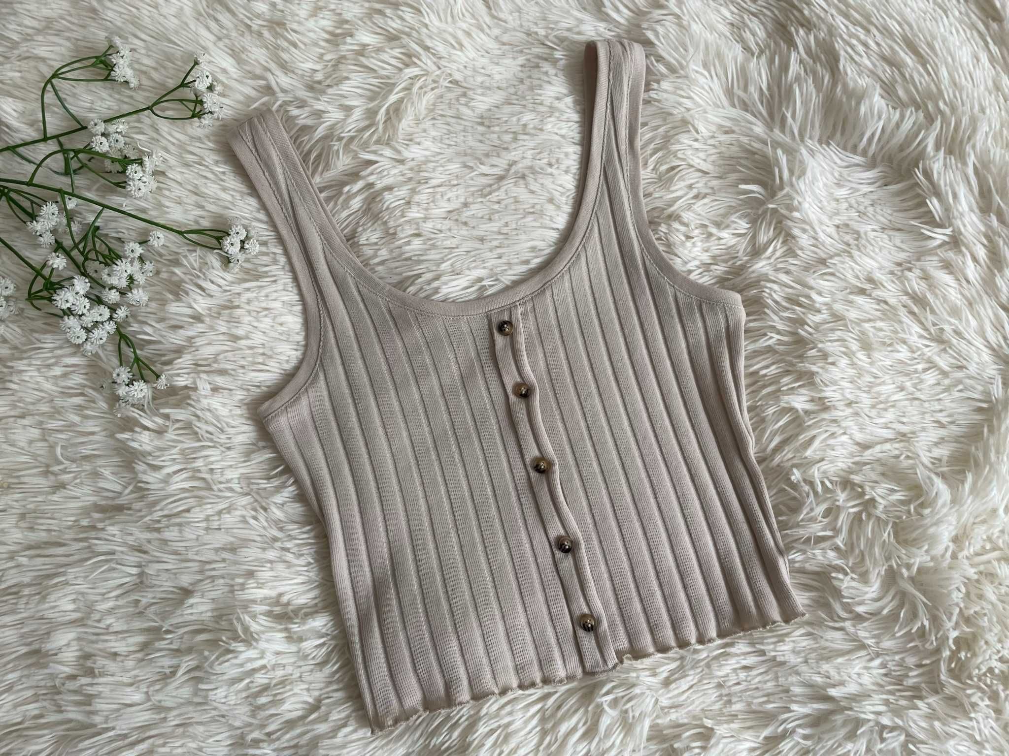Crop top beżowy prążek guziki letni boho y2k aesthetic XS 34 S 36