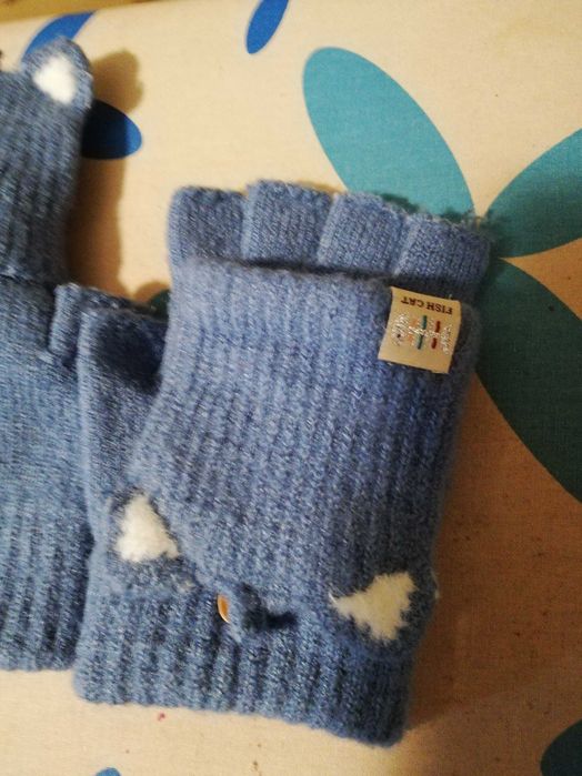 Rękawiczki wełniane bez palców z klapką kotki Fish Cat XS/S/M
