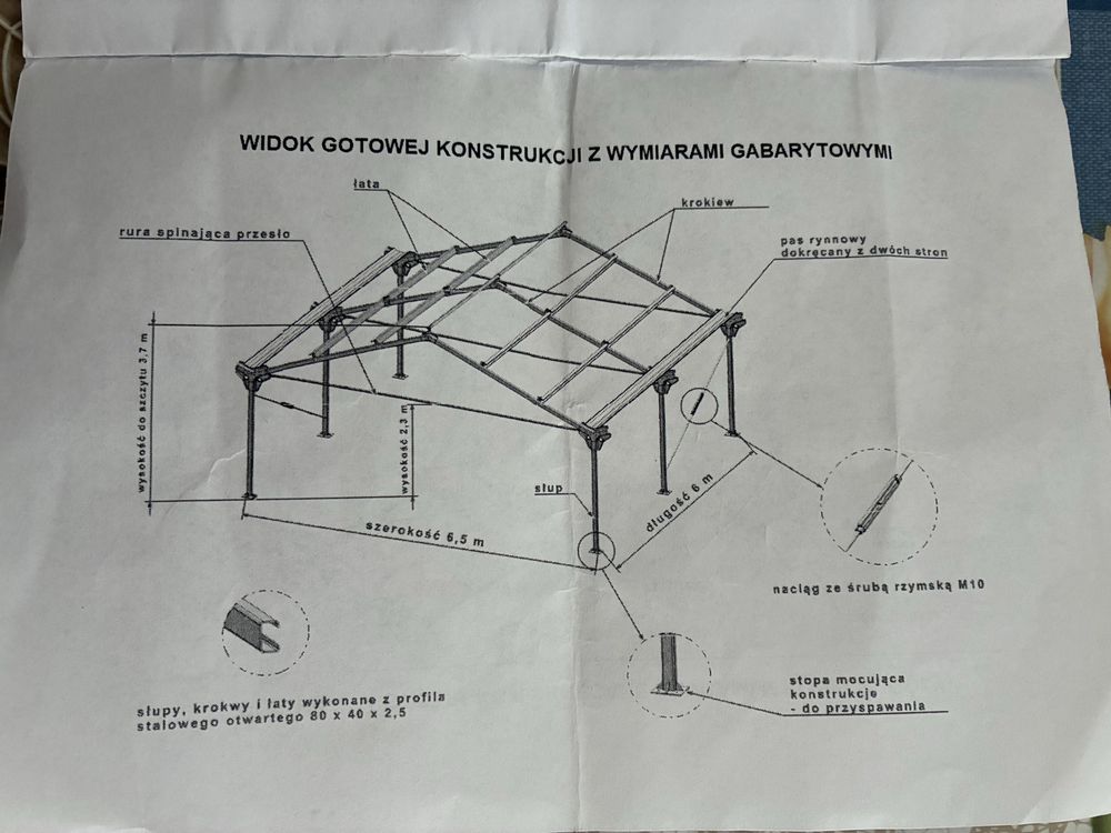 Konstrukcja stalowa wiata garaż hala 6.5x9x2.3
