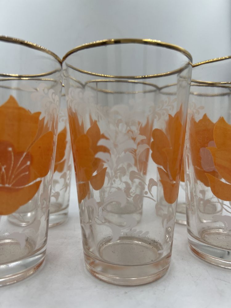 Szklanki szkło użytkowe PRL pomarańczowy kwiat