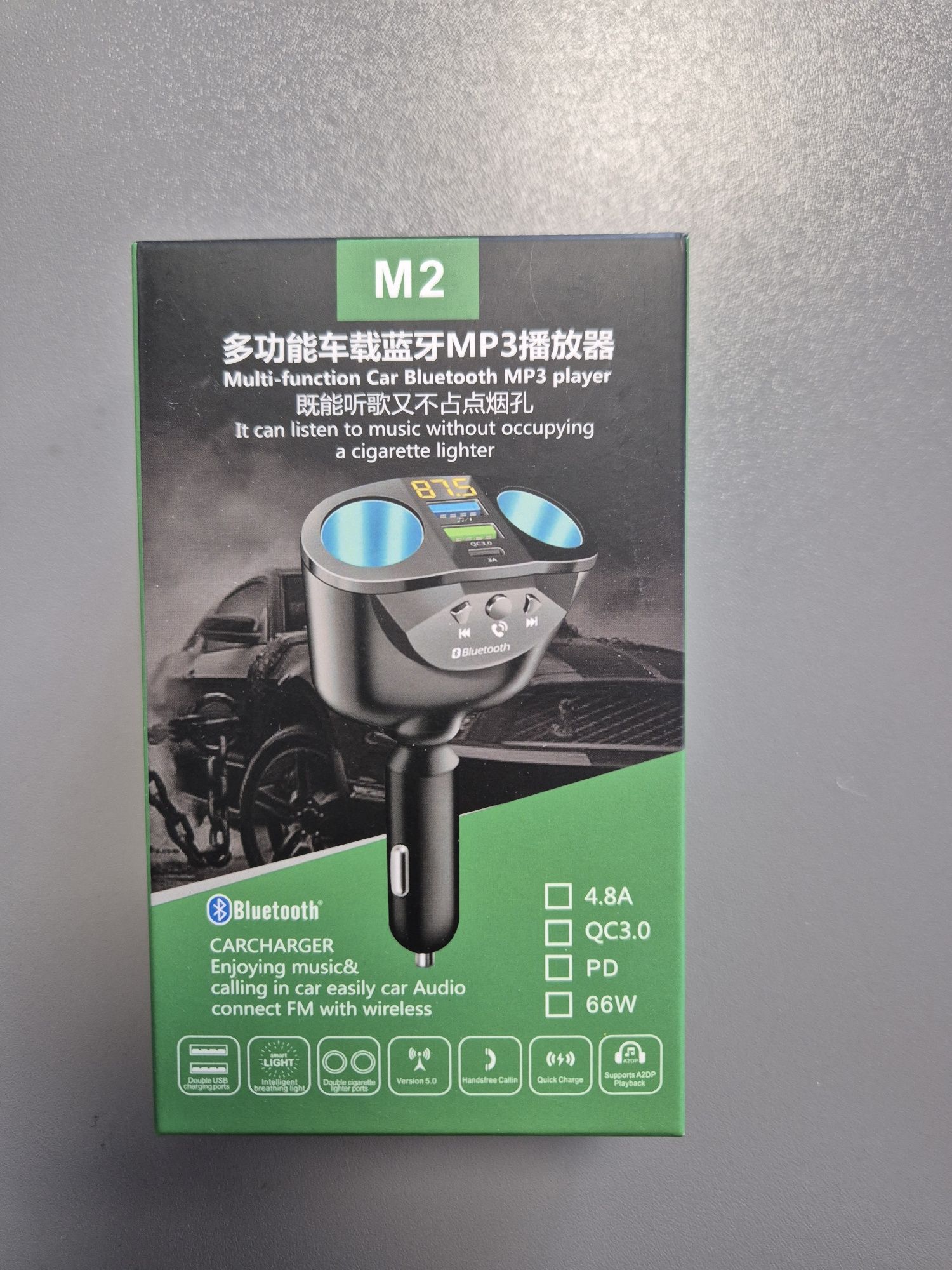 Transmiter FM z podwójną zapalniczką, 2x USB i USB C