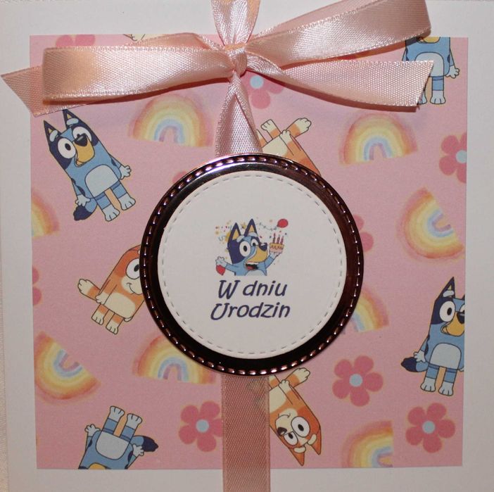 Kartka papierowa dla dzieci pieski Bluey Blu i Bingo urodziny różowa