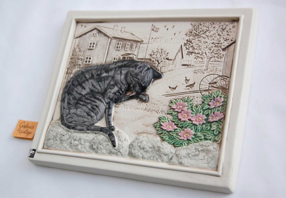 Kot, kotek, obrazek ceramiczny Jie Gantofta Sweden Szwecja vintage