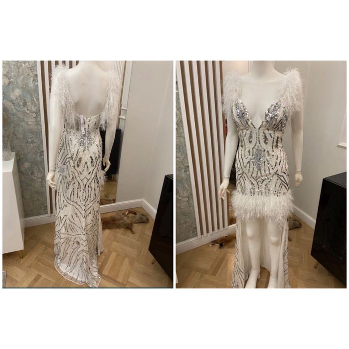 Biała cekinowa sukienka mini maxi tren pióra asos xxl 44 luxe