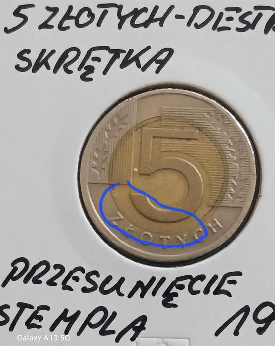 5 złotych 1994 r. -Skrętka, przesunięcie stempla  itp.