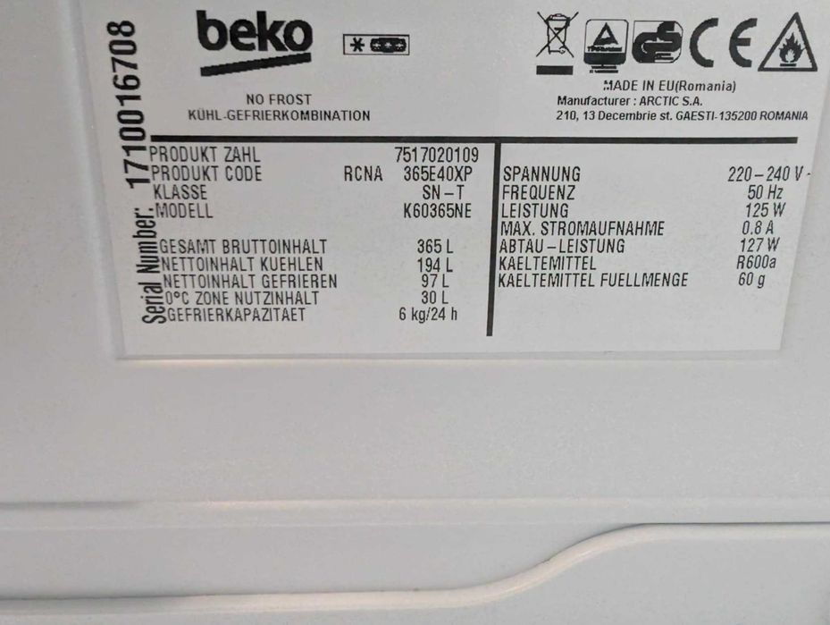 Lodówka BEKO K60365NE NoFrost | Srebrna | JakNowa | 185cm wys | A+++ |