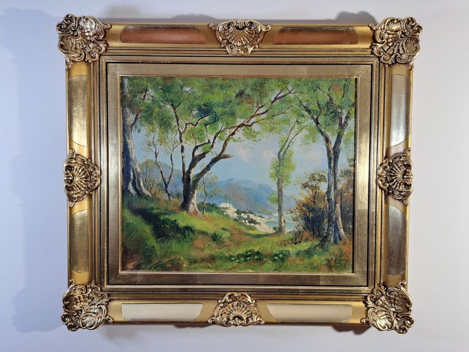 "Pejzaż Śródziemnomorski ".M.Antony?.Piękny obraz olejny na płótnie.