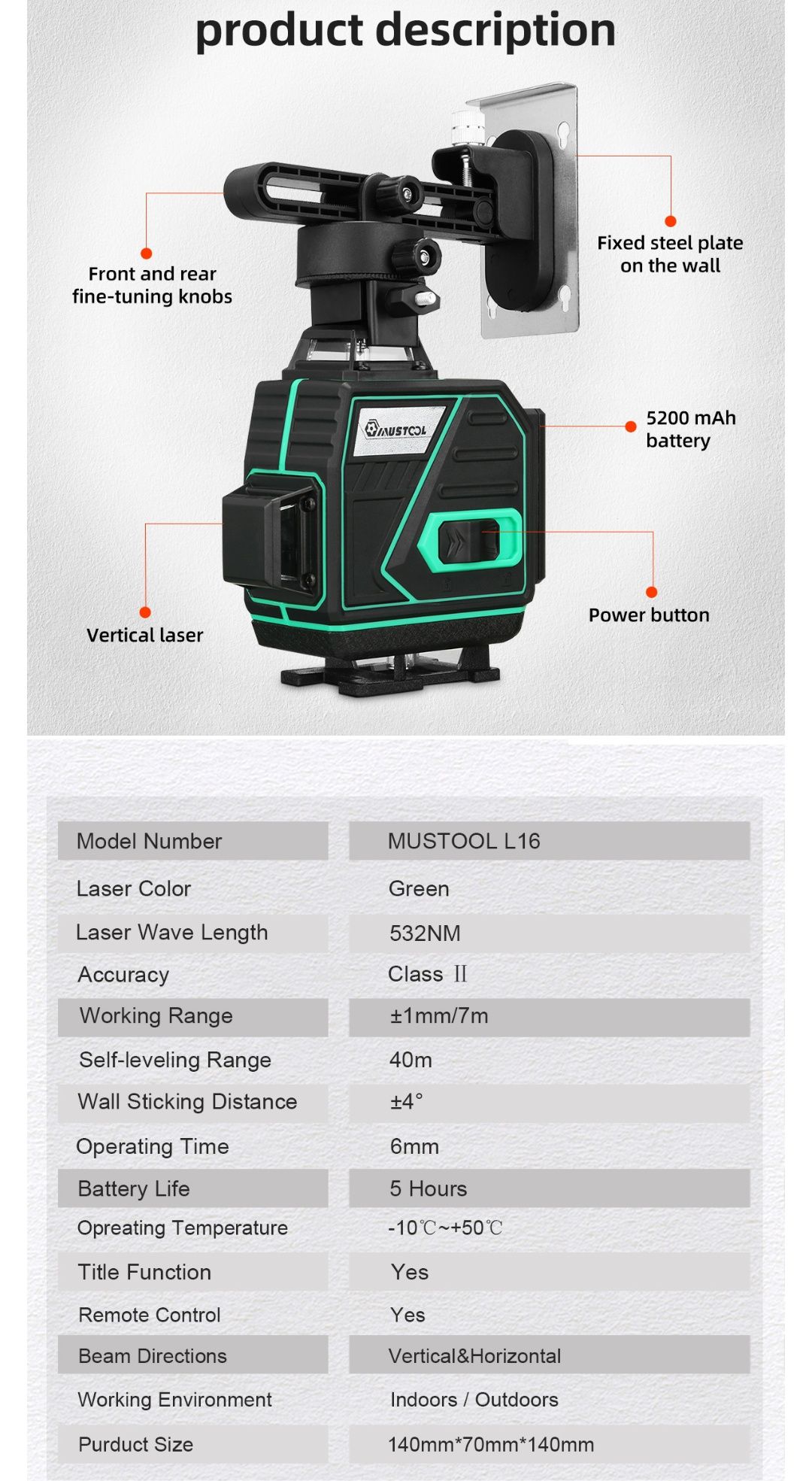 Nível laser de 16 linhas 4D 360º MUSTOOL com DUAS baterias NOVO