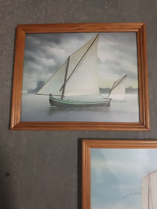 3 quadros de barco com moldura e vidro