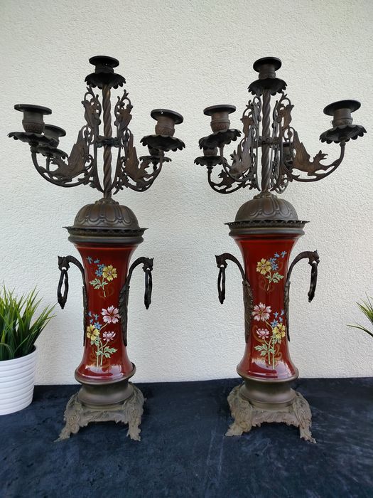 Piękne duże stare palacowe kandelabry świeczniki brąz i ceramika