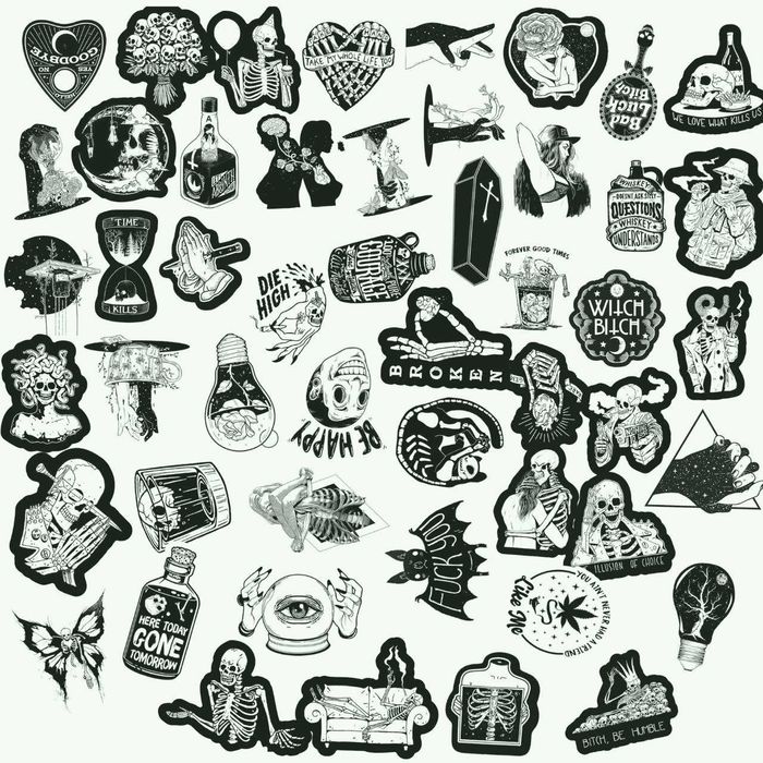 Наклейки стикеры черепа скелеты мистические символы готический стиль